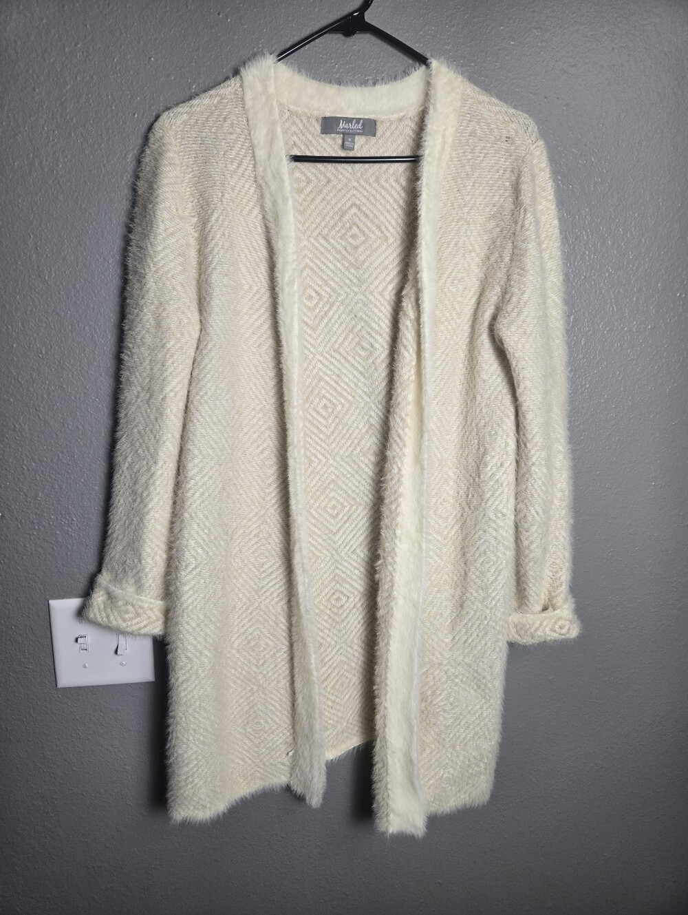Marled Cream Open Front Fuzzy Soft Long Cardigan Size Medium